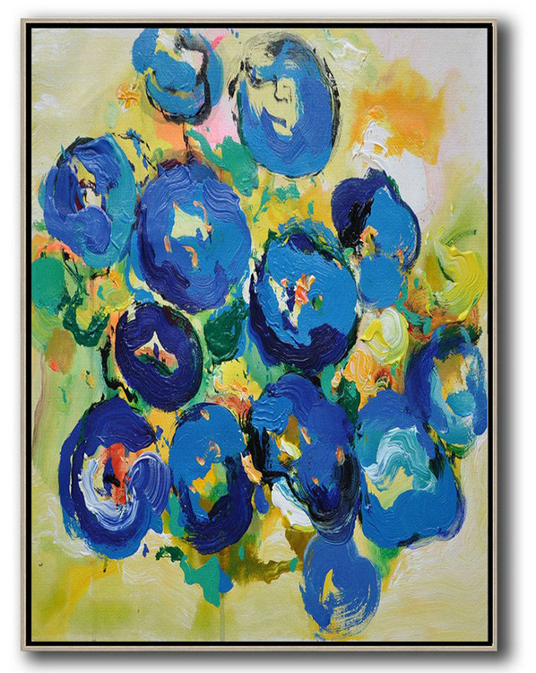 Original Artwork Extra Large Abstract Painting,Vertical Palette Knife Contemporary Art,Hand Painted Original Art,Blue,Yellow,Dark Blue.etc